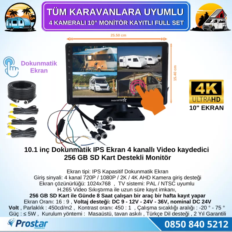 Karavan Kamera Seti 4 Kameralı 10 Inç Dokunmatik Ekranlı 256 Gb Sd Destekli Tak Kullan — kod 2968K — görsel 2