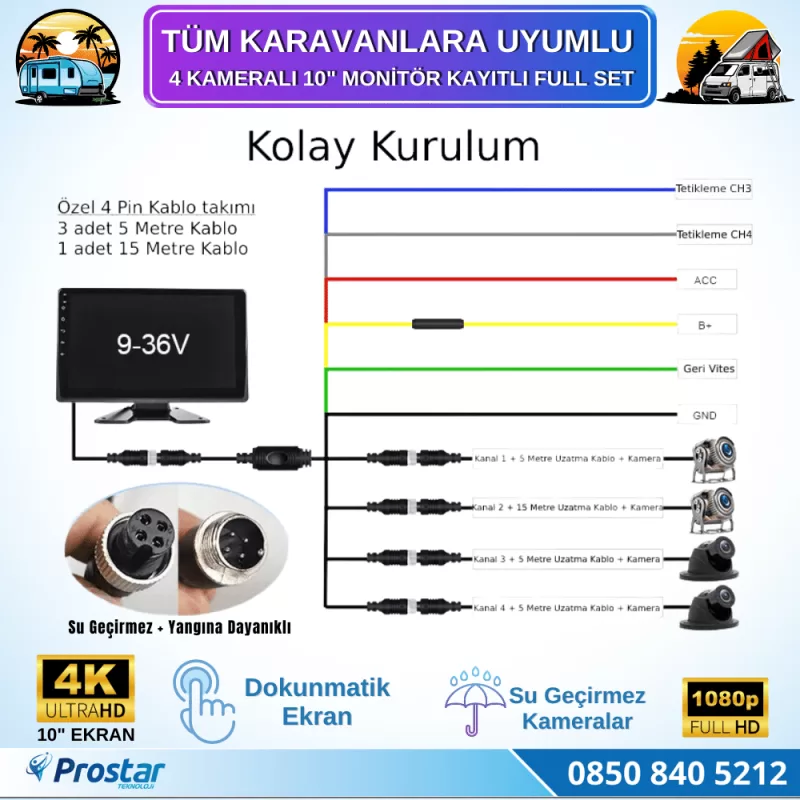 Karavan Kamera Seti 4 Kameralı 10 Inç Dokunmatik Ekranlı 256 Gb Sd Destekli Tak Kullan — kod 2968K — görsel 6