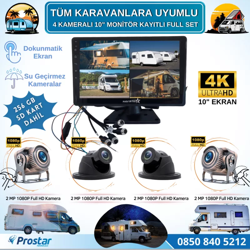 256 Gb Sd Dahil Karavan Kamera Seti 4 Kameralı 10 Inç Dokunmatik Ekranlı Tak Kullan — kod 2968KSD256Dahil