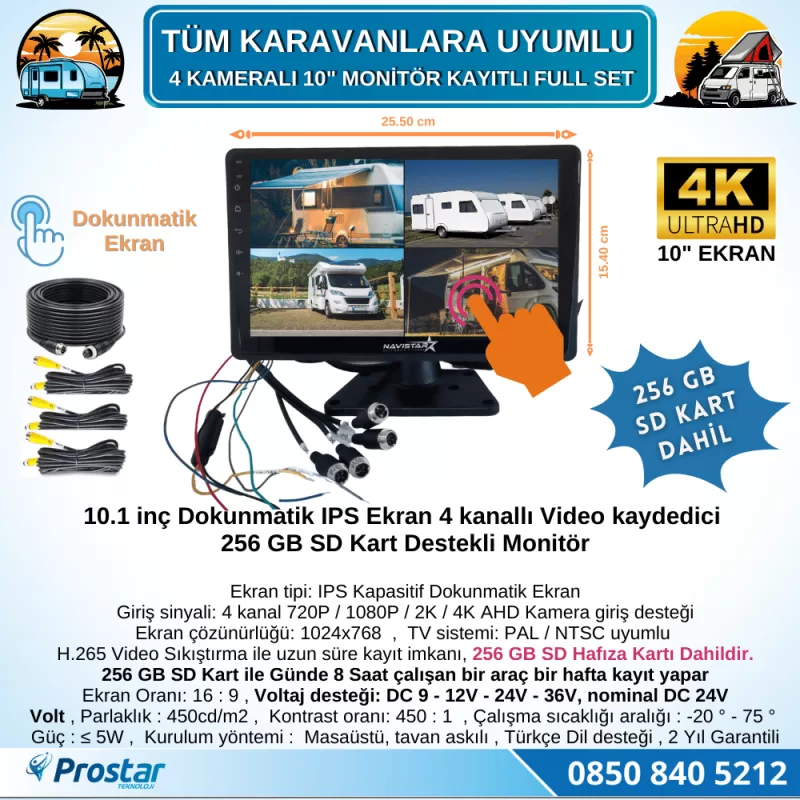 256 Gb Sd Dahil Karavan Kamera Seti 4 Kameralı 10 Inç Dokunmatik Ekranlı Tak Kullan — kod 2968KSD256Dahil — görsel 2