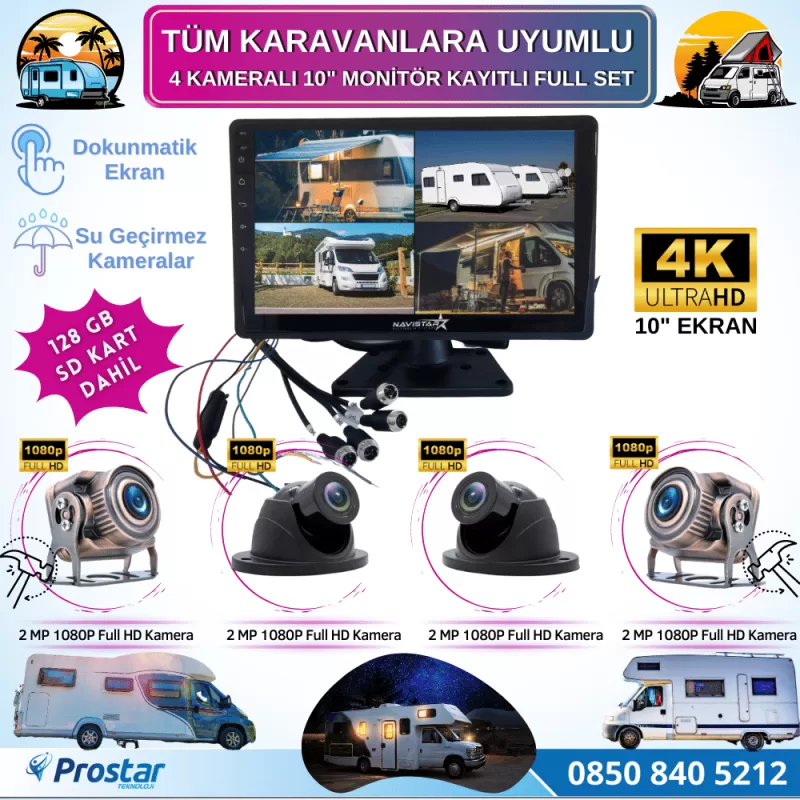 Karavan Kamera Seti 128 Gb Sd Dahil 4 Kameralı 10 Inç Dokunmatik Ekranlı Tak Kullan — kod 2968KSD128Dahil