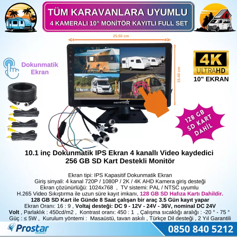 Karavan Kamera Seti 128 Gb Sd Dahil 4 Kameralı 10 Inç Dokunmatik Ekranlı Tak Kullan — kod 2968KSD128Dahil — görsel 2