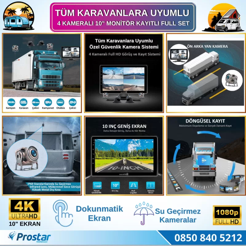 Karavan Kamera Seti 128 Gb Sd Dahil 4 Kameralı 10 Inç Dokunmatik Ekranlı Tak Kullan — kod 2968KSD128Dahil — görsel 6