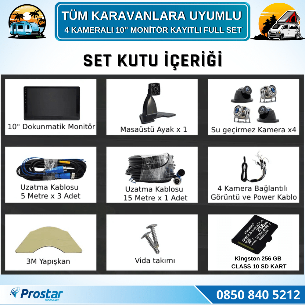 256 Gb Sd Dahil Karavan Kamera Seti 4 Kameralı 10 Inç Dokunmatik Ekranlı Tak Kullan