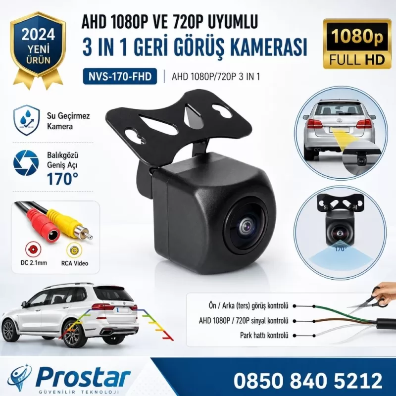 Balıkgözü AHD 1080P ve 720P Çevirilebilir 170 Derece Geniş Açılı Geri Görüş Kamerası — kod NVS-170-FHD