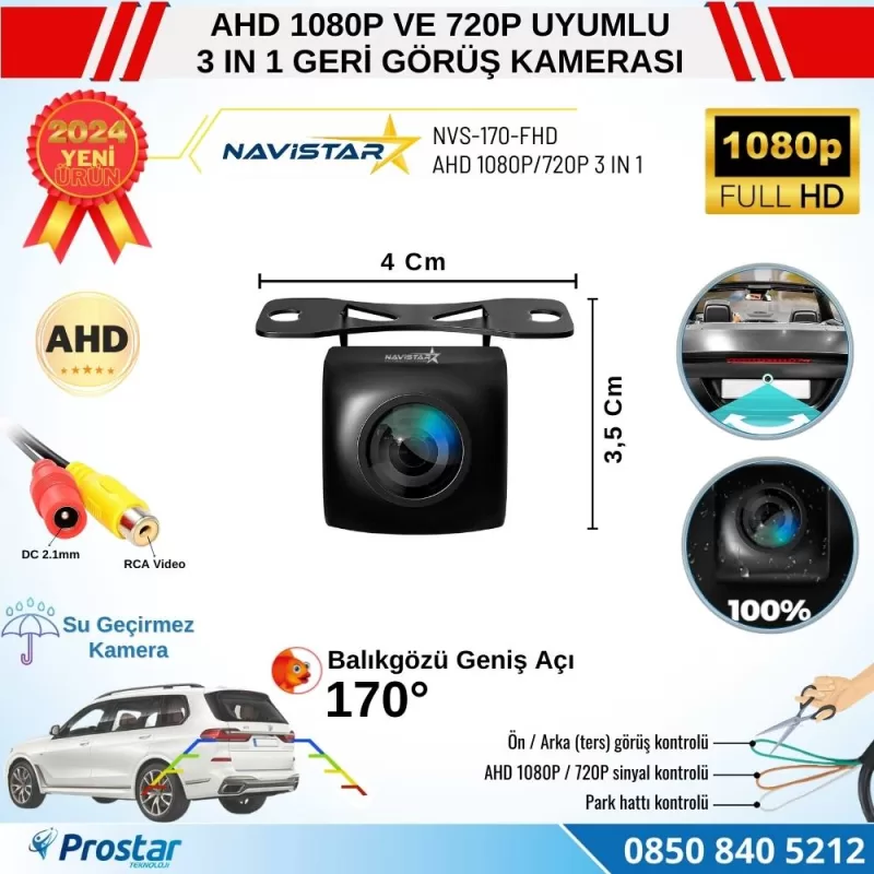 Balıkgözü AHD 1080P ve 720P Çevirilebilir 170 Derece Geniş Açılı Geri Görüş Kamerası — kod NVS-170-FHD — görsel 2