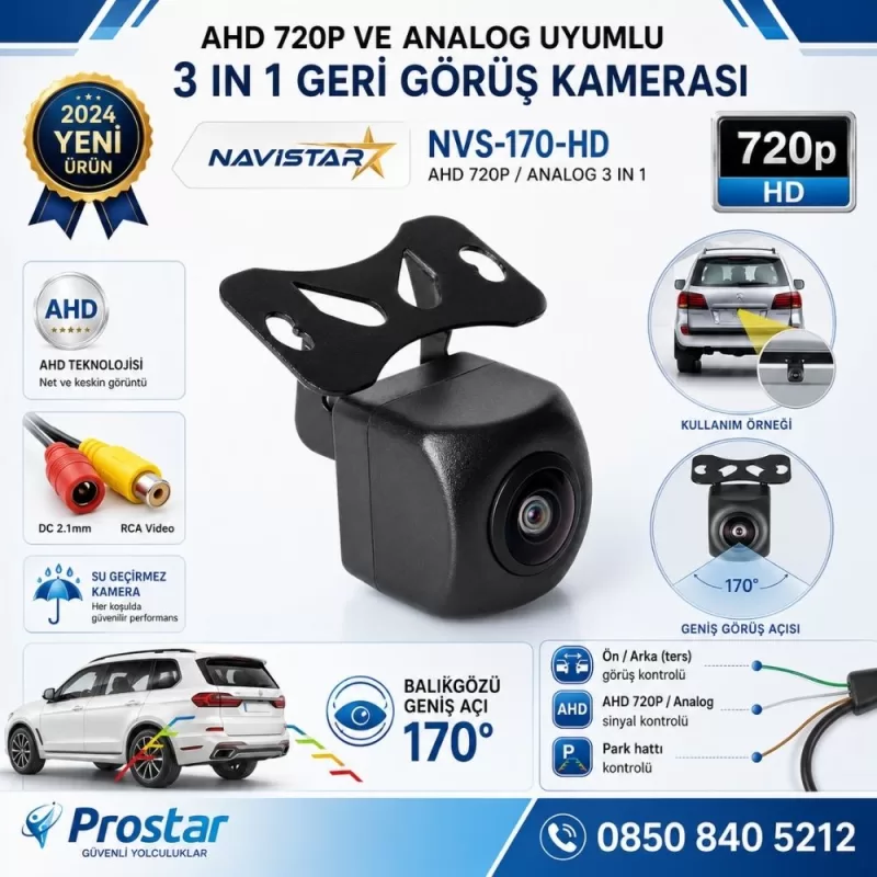 Balıkgözü AHD 720P ve Analog Çevirilebilir 170 Derece Geniş Açılı Geri Görüş Kamerası — kod NVS-170-HD