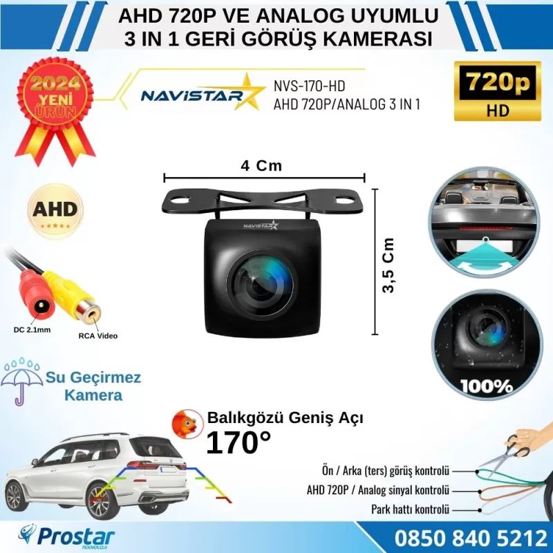 Balıkgözü AHD 720P ve Analog Çevirilebilir 170 Derece Geniş Açılı Geri Görüş Kamerası — kod NVS-170-HD — görsel 2