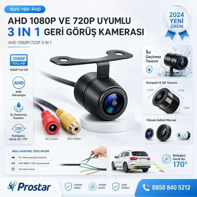 Balıkgözü Kelebek AHD 1080P ve 720P Çevrilebilir 170 Derece Geniş Açılı Geri Görüş Kamerası — kod NVS-185-FHD