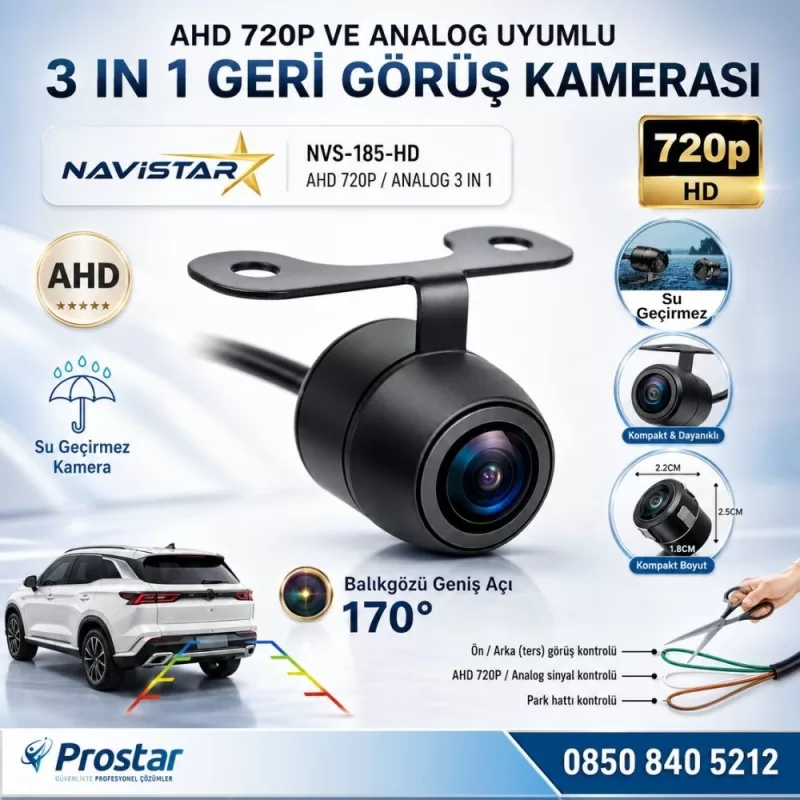 Balıkgözü Kelebek AHD 720P ve Analog Çevrilebilir 170 Derece Geniş Açılı Geri Görüş Kamerası — kod NVS-185-HD