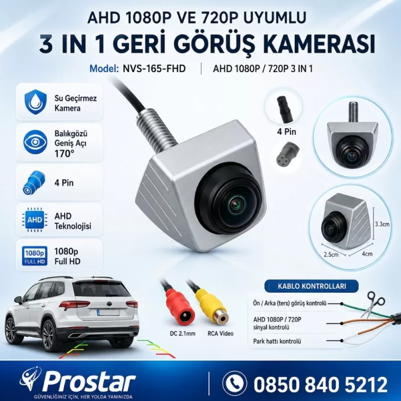 Ayarlanabilir Başlıklı AHD 1080P ve 720P Çevrilebilir 170 Derece Geniş Açılı Geri Görüş Kamerası — kod NVS-165-FHD