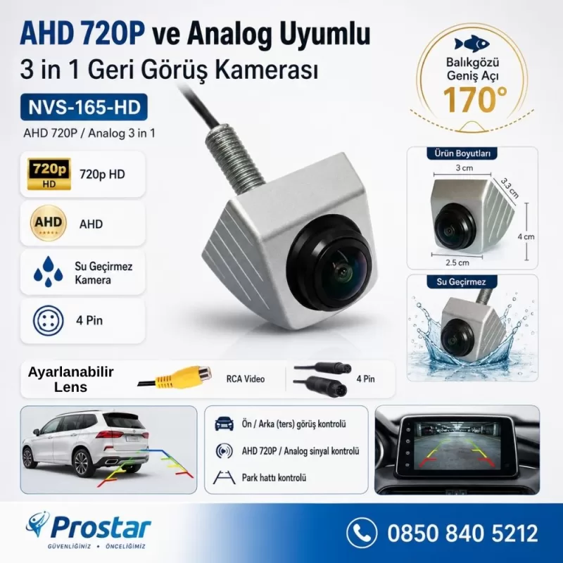 Ayarlanabilir Başlıklı AHD 720P ve Analog Çevrilebilir 170 Derece Geniş Açılı Geri Görüş Kamerası — kod NVS-165-HD