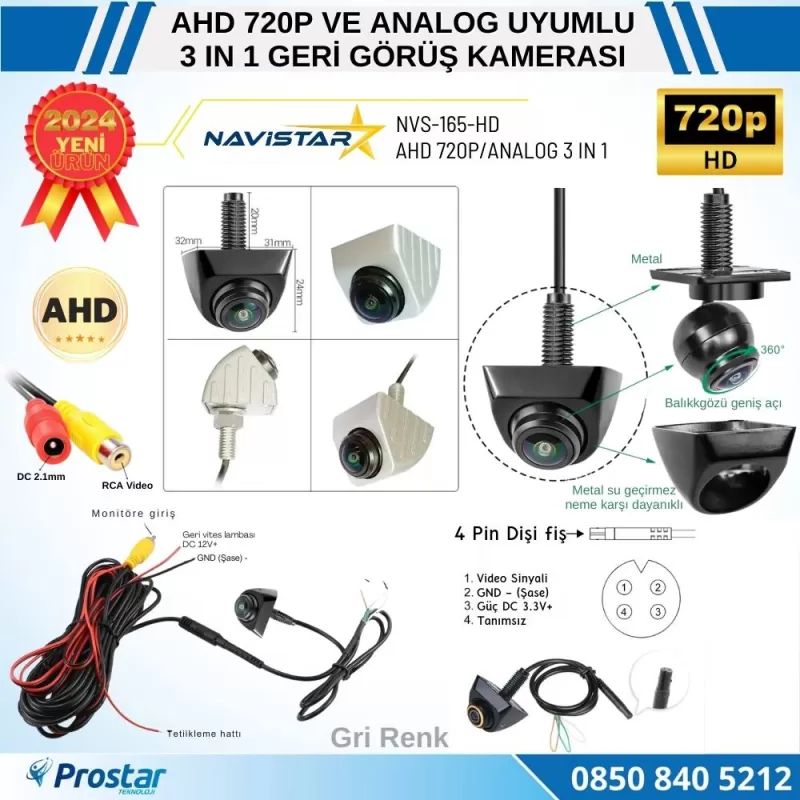 Ayarlanabilir Başlıklı AHD 720P ve Analog Çevrilebilir 170 Derece Geniş Açılı Geri Görüş Kamerası — kod NVS-165-HD — görsel 2