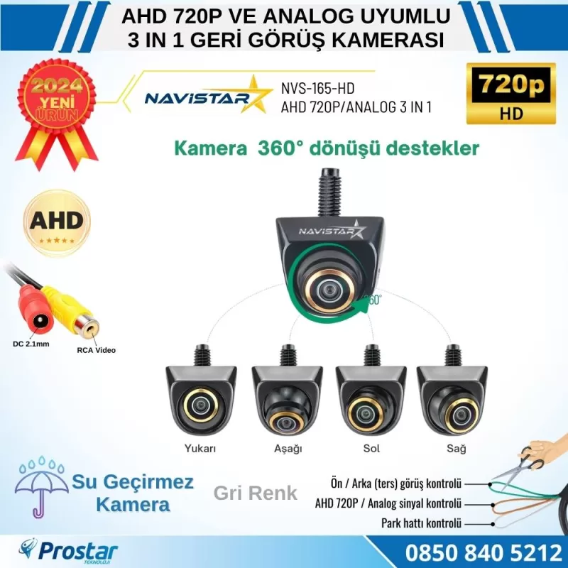 Ayarlanabilir Başlıklı AHD 720P ve Analog Çevrilebilir 170 Derece Geniş Açılı Geri Görüş Kamerası — kod NVS-165-HD — görsel 3