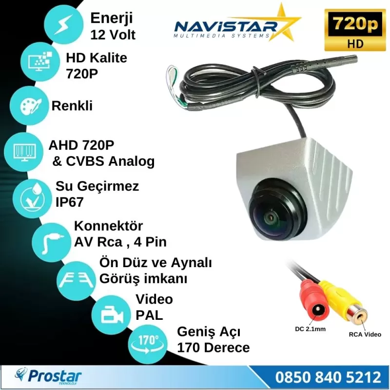 Ayarlanabilir Başlıklı AHD 720P ve Analog Çevrilebilir 170 Derece Geniş Açılı Geri Görüş Kamerası — kod NVS-165-HD — görsel 4