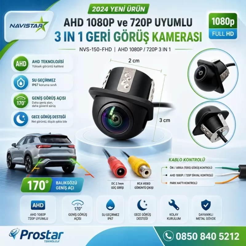 AHD 1080P ve 720P Çevrilebilir 170 Derece Balıkgözü Geniş Açılı  Geri Görüş Kamerası — kod NVS-150-FHD