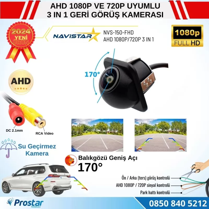 AHD 1080P ve 720P Çevrilebilir 170 Derece Balıkgözü Geniş Açılı  Geri Görüş Kamerası — kod NVS-150-FHD — görsel 2