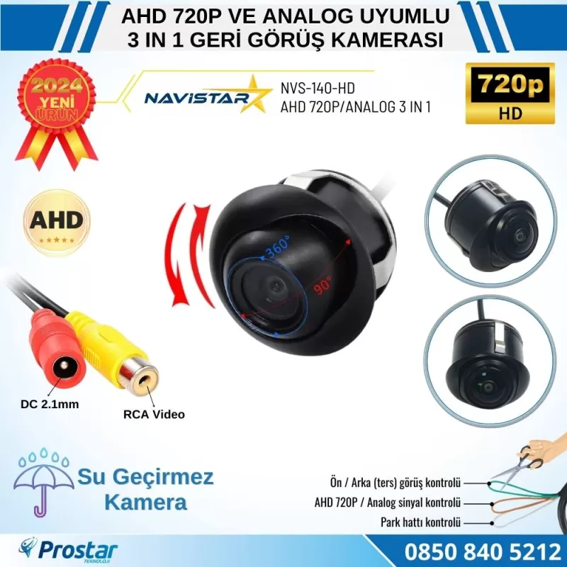Ayarlanabilir Başlıklı AHD 720P ve Analog Pal Çevrilebilir Geri Görüş Kamerası — kod NVS-140-HD
