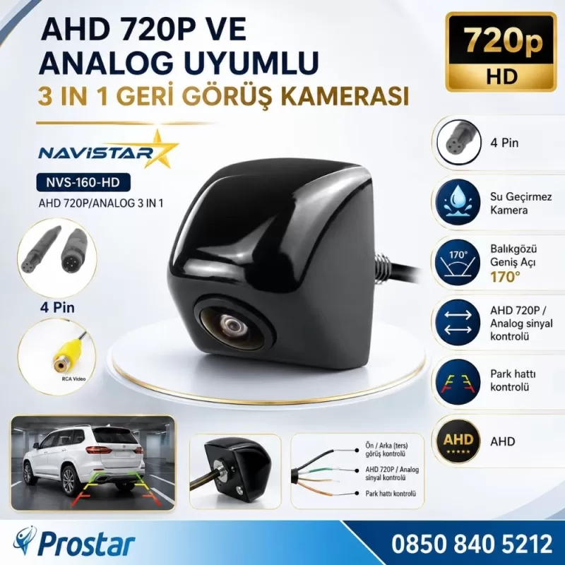 Piramit Balıkgözü AHD 720P ve Analog Çevrilebilir 170 Derece Geniş Açılı Geri Görüş Kamerası — kod NVS-160-HD