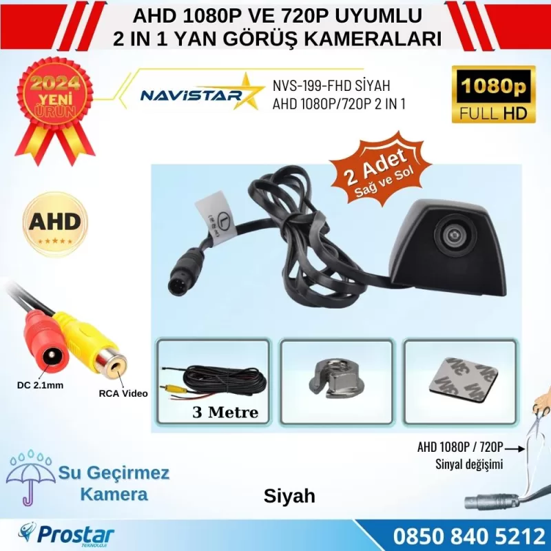 Yan Araç Kamerası AHD 1080P ve 720P Full HD Mini (Siyah) Özel Tasarım — kod NVS-199-FHD-Siyah — görsel 2