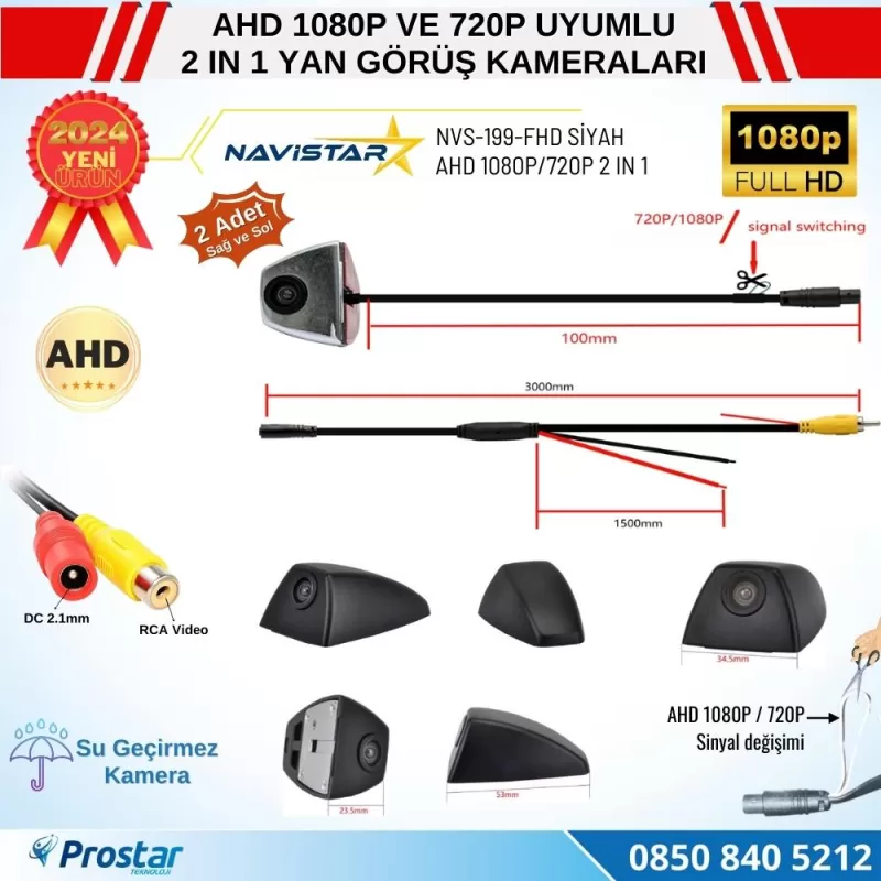 Yan Araç Kamerası AHD 1080P ve 720P Full HD Mini (Siyah) Özel Tasarım — kod NVS-199-FHD-Siyah — görsel 3