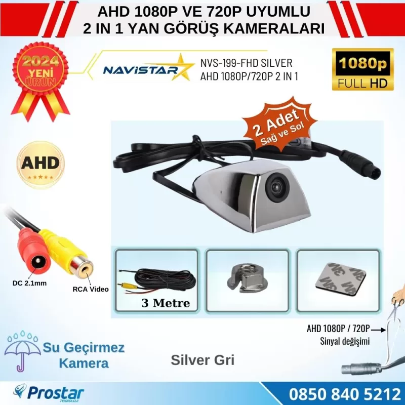 Yan Araç Kamerası AHD 1080P ve 720P Full HD Mini (Silver Gri) Özel Tasarım — kod NVS-199-FHD-Silver — görsel 2
