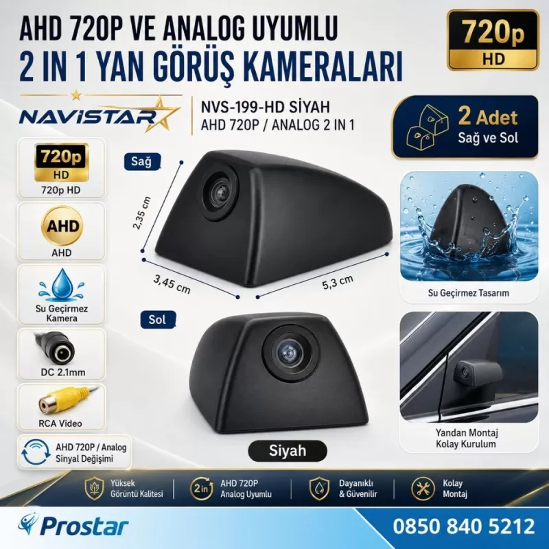 Yan Araç Kamerası AHD 720P ve Analog PAL Mini (Siyah) Özel Tasarım — kod NVS-199-HD-SIYAH