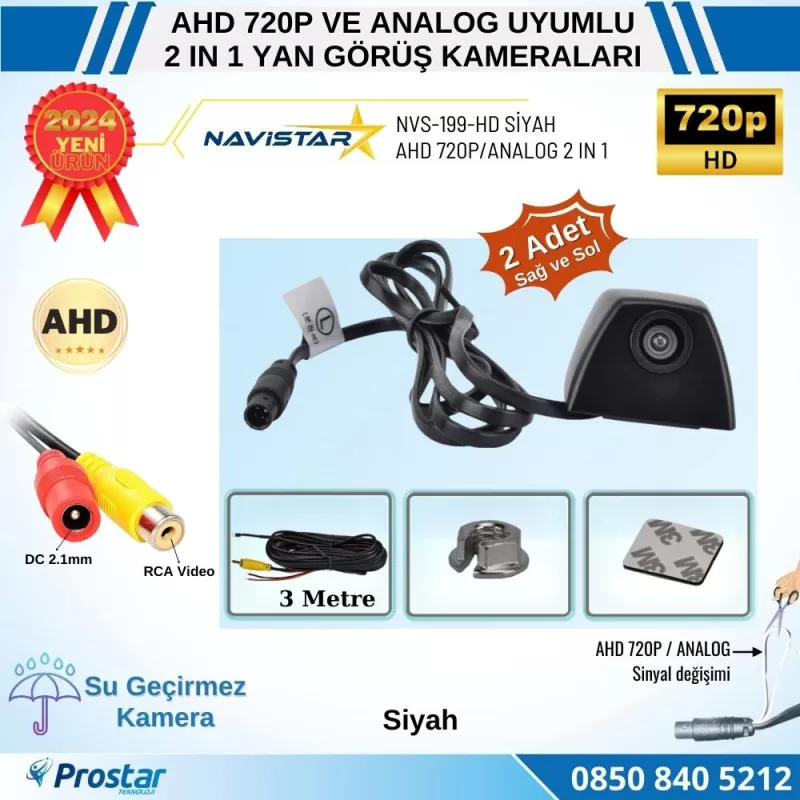 Yan Araç Kamerası AHD 720P ve Analog PAL Mini (Siyah) Özel Tasarım — kod NVS-199-HD-SIYAH — görsel 2