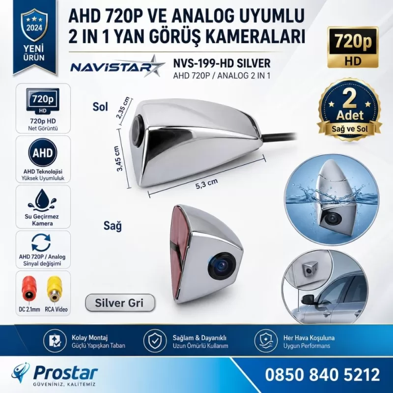 Yan Araç Kamerası AHD 720P ve Analog PAL Mini (Silver Gri) Özel Tasarım — kod NVS-199-HD-Silver