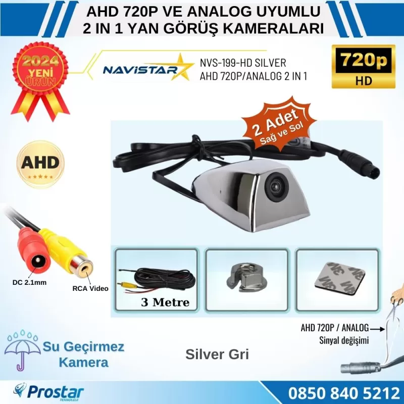 Yan Araç Kamerası AHD 720P ve Analog PAL Mini (Silver Gri) Özel Tasarım — kod NVS-199-HD-Silver — görsel 2