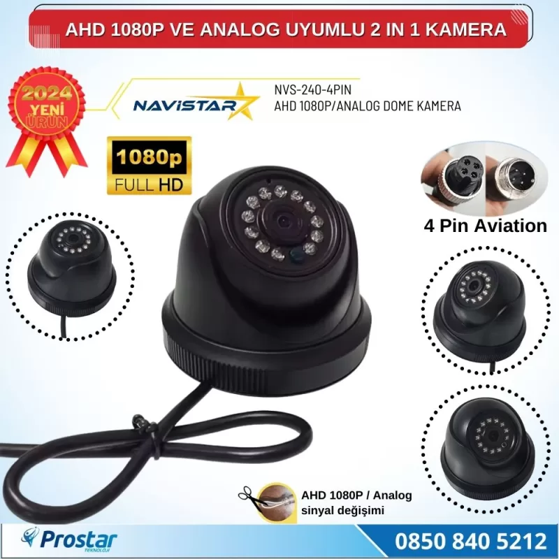 AHD 1080P ve Analog Pal Çevrilebilir 4 Pin Plastik Dome Araç Kamerası — kod NVS-240-4PIN