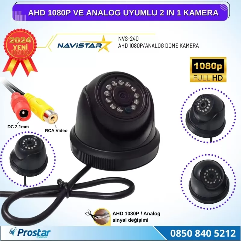 AHD 1080P ve Analog Pal Çevrilebilir Plastik Mini Dome Araç Kamerası — kod NVS-240
