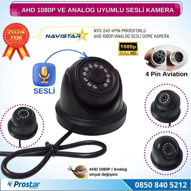 Mikrofonlu AHD 1080P ve Analog Pal Çevrilebilir 4 Pin Plastik Dome Araç Kamerası — kod NVS-240-4PIN-SESLI