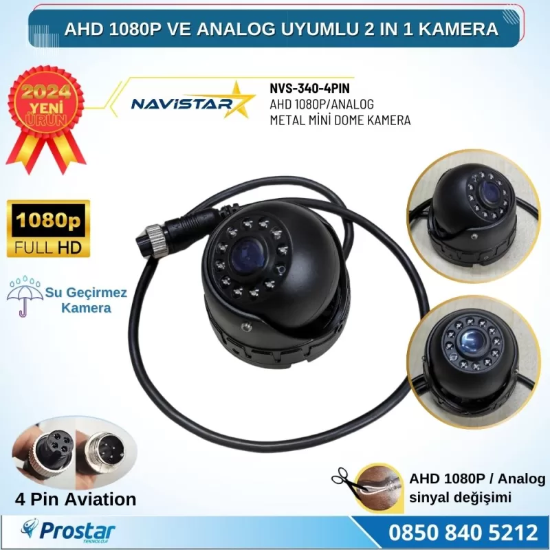AHD 1080P ve Analog CVBS Pal Dönüştürülebilir Gece Görüşlü 4 Pin Mini Metal Dome Araç Kamerası — kod NVS-340-4PIN