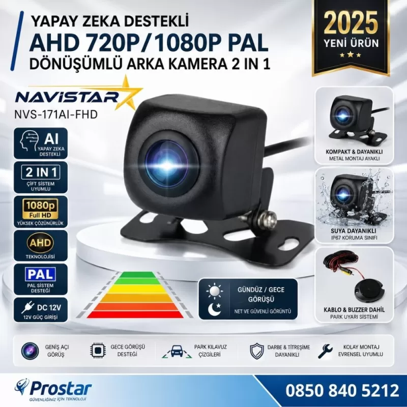 Yapay Zeka Destekli Ahd 720p/1080p Pal Dönüşümlü 2 IN 1 Geri Görüş Kamerası — kod NVS-171AI-FHD