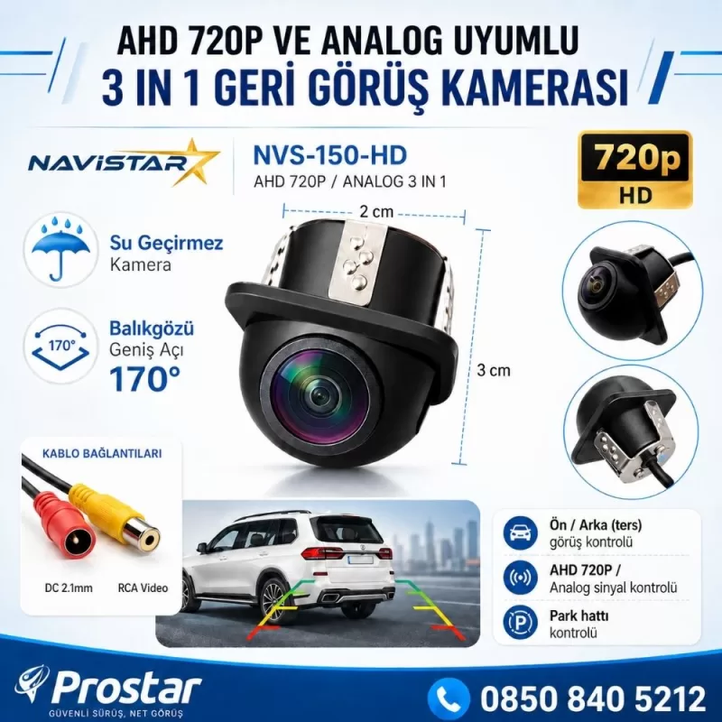 AHD 720P ve Analog Pal Çevrilebilir 170 Derece Balıkgözü Geniş Açılı  Geri Görüş Kamerası — kod NVS-150-HD