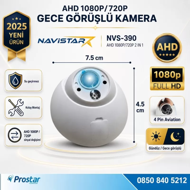 Mini Boyutlu AHD 1080P ve 720P Dönüşümlü Gece Görüşlü Dome Kamera — kod NVS-390