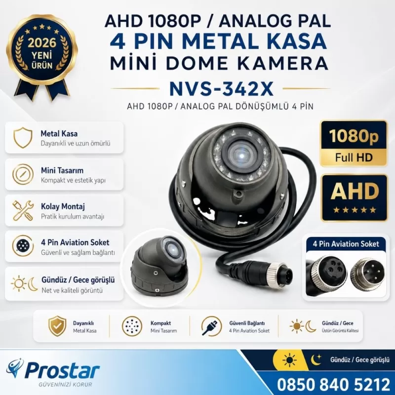 Metal Kasa AHD 1080P/Analog Pal Mini Dome Araç Kamerası 4 Pin Aviation — kod NVS-342X