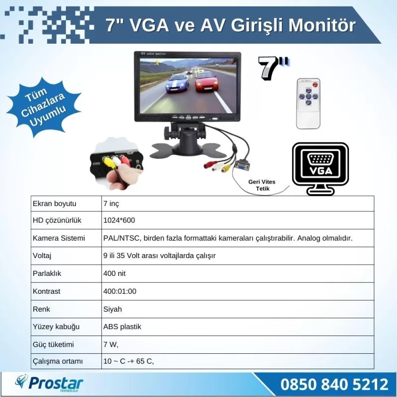 7" Vga Ve Av Girişli Araç Monitörü — kod NVS-7260VGA — görsel 2