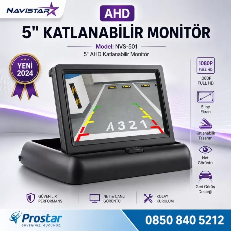 5" AHD Katlanabilir Monitör 1080P/720P/Analog destekli — kod NVS-501