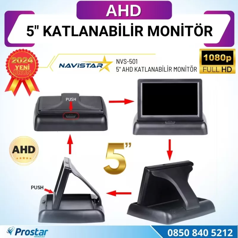 5" AHD Katlanabilir Monitör 1080P/720P/Analog destekli — kod NVS-501 — görsel 2