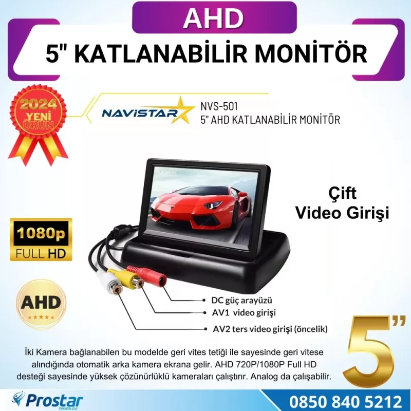 5" AHD Katlanabilir Monitör 1080P/720P/Analog destekli — kod NVS-501 — görsel 3