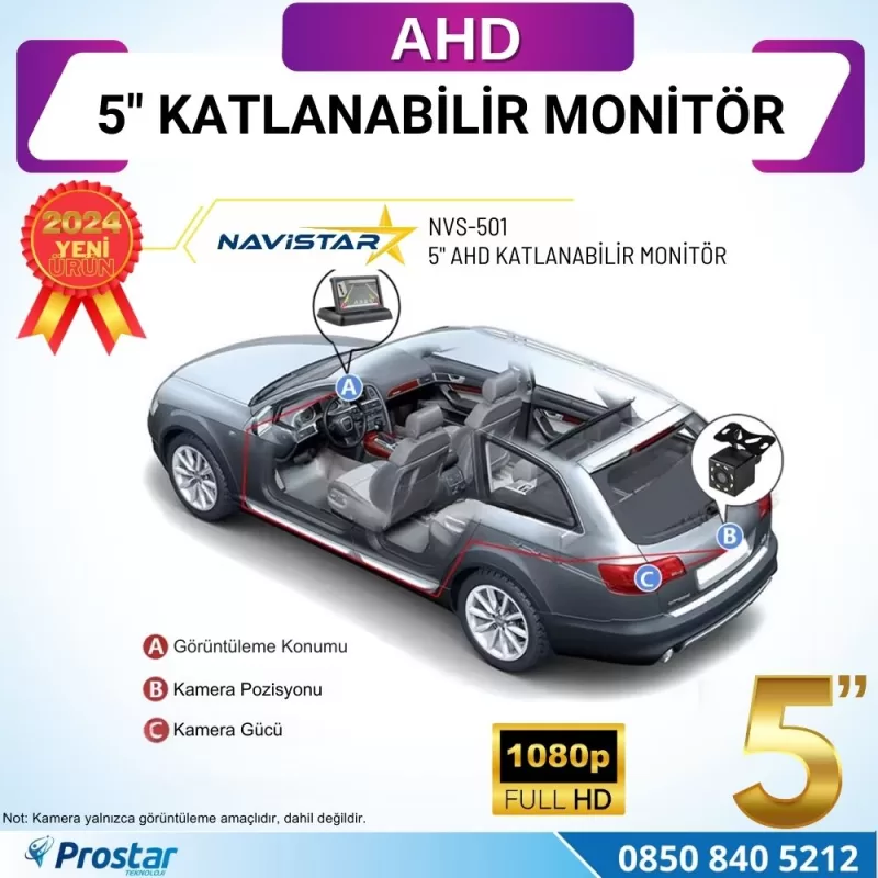 5" AHD Katlanabilir Monitör 1080P/720P/Analog destekli — kod NVS-501 — görsel 5