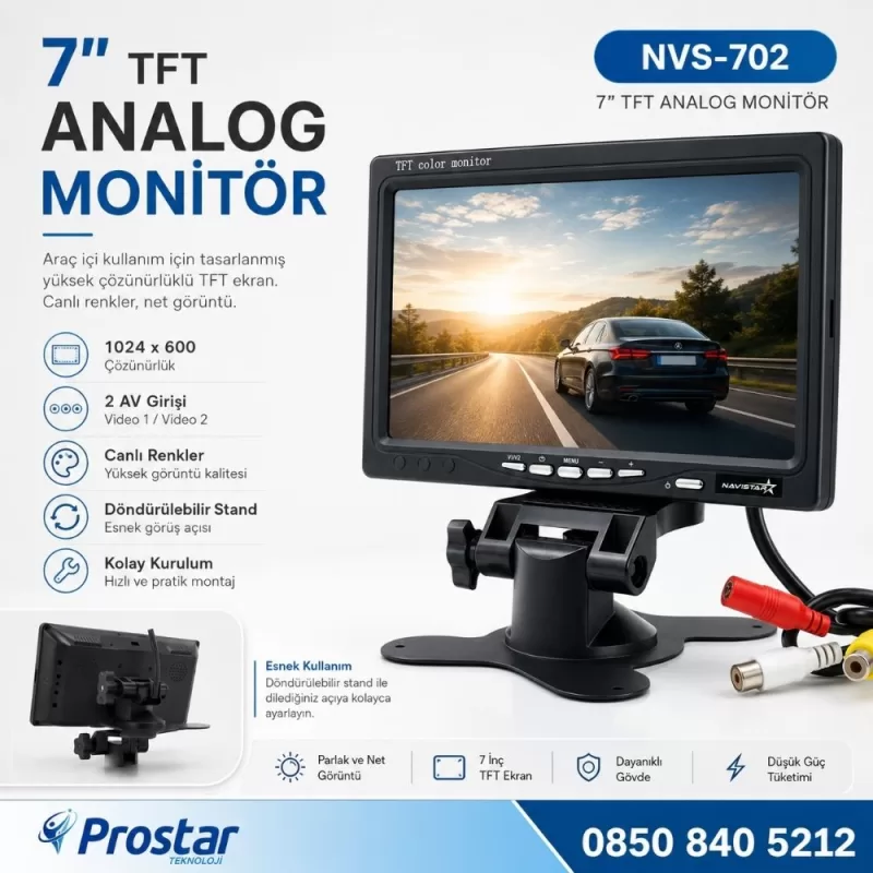 7" TFT 2 Adet Video Girişli Analog Monitör — kod NVS-702