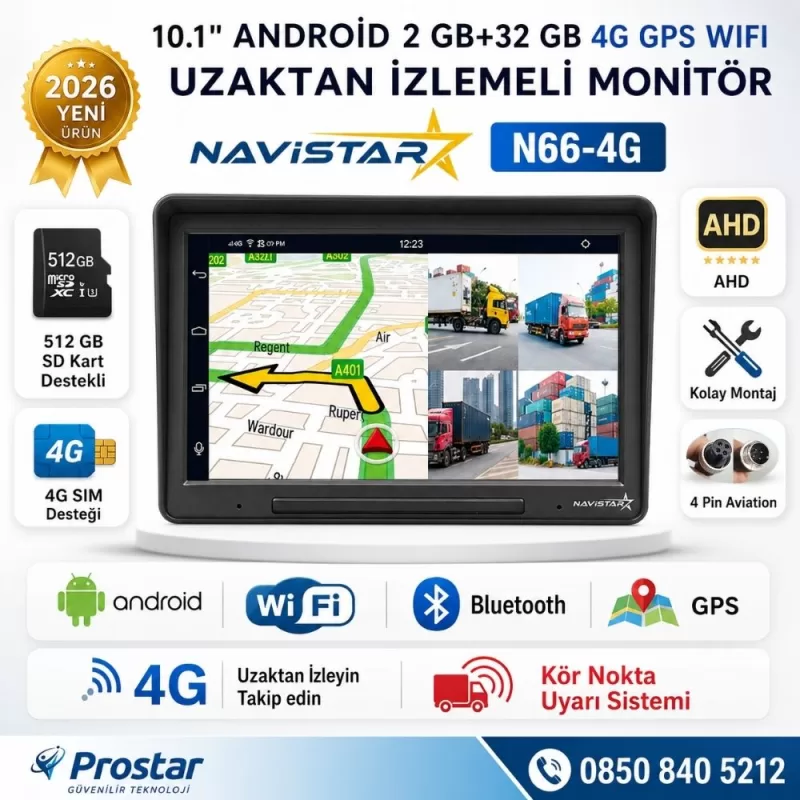 4G Uzaktan izlemeli 4 kanal AHD 720P Android Wifi, GPS, Bluetooth 2 GB + 32 GB ve 512 GB SD Kart Destekli Monitör — kod N66-4G