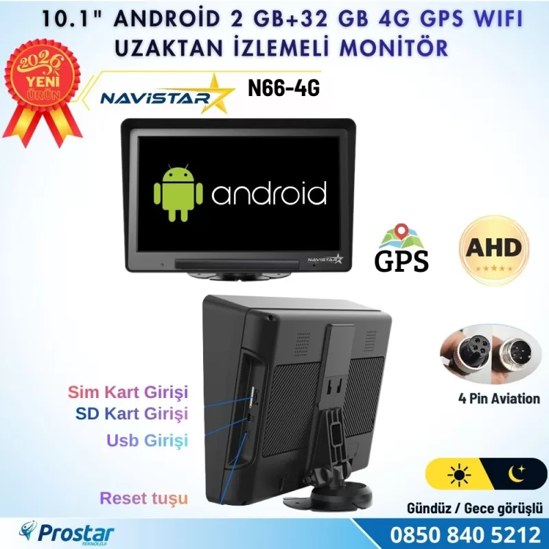 4G Uzaktan izlemeli 4 kanal AHD 720P Android Wifi, GPS, Bluetooth 2 GB + 32 GB ve 512 GB SD Kart Destekli Monitör — kod N66-4G — görsel 2