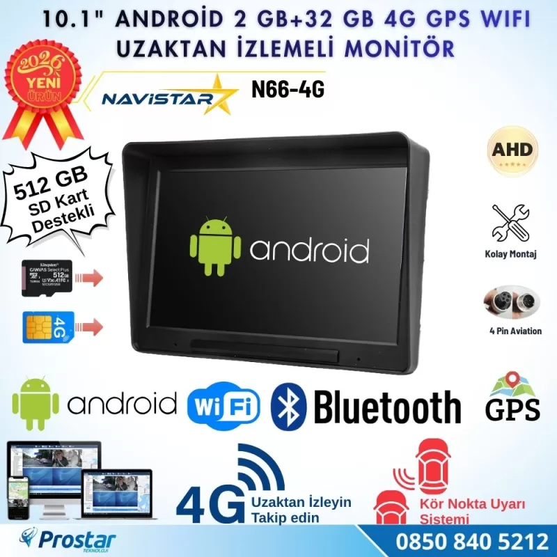 4G Uzaktan izlemeli 4 kanal AHD 720P Android Wifi, GPS, Bluetooth 2 GB + 32 GB ve 512 GB SD Kart Destekli Monitör — kod N66-4G — görsel 3