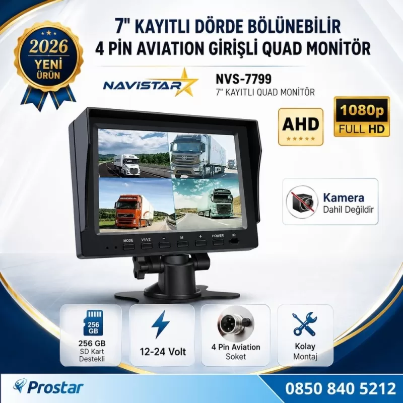 7 inç Dörde Bölünebilir Kayıtlı Quad Monitör 4 Pin Aviation Girişli AHD 1080P/720P/CVBS Analog Pal Ntsc 256GB SD Kart Destekli — kod NVS-7799