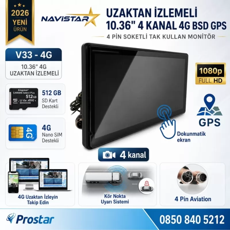 Uzaktan izlemeli 10.36 inç Dokunmatik 4 Kanal 4G GPS BSD Kör Nokta Uyarı Sistemli Monitör — kod V33-4G