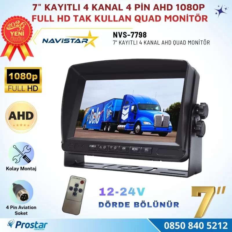 Kayıtlı 7 inç 4 Kanal Full HD Quad AHD/Analog 4 Pin Araç Monitörü 256 GB SD Kart Destekli 12-24V — kod NVS-7798 — görsel 2